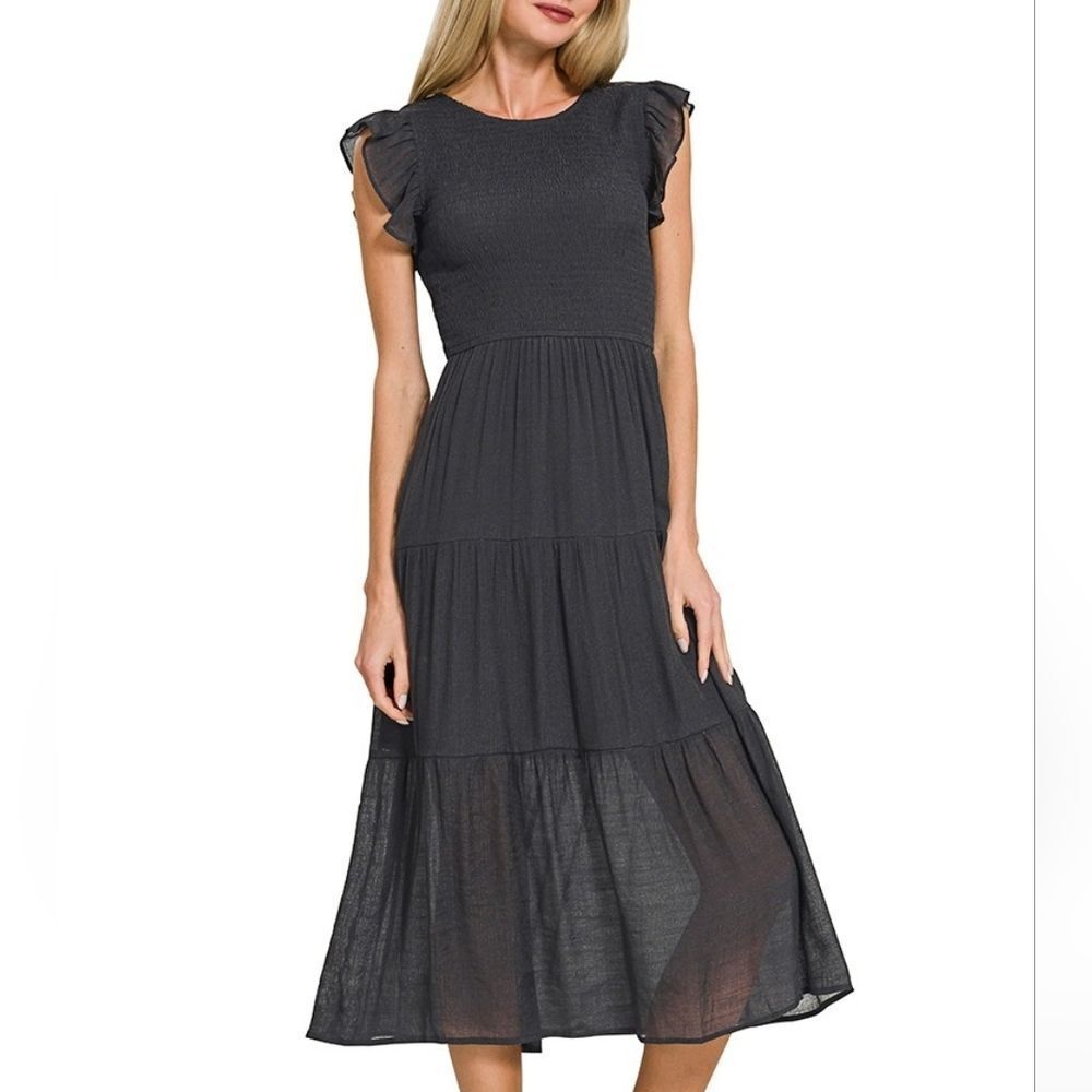Zenana Women's Casual Woven Smocked Ruffle Sleeve Midi Dress in Dark Grey